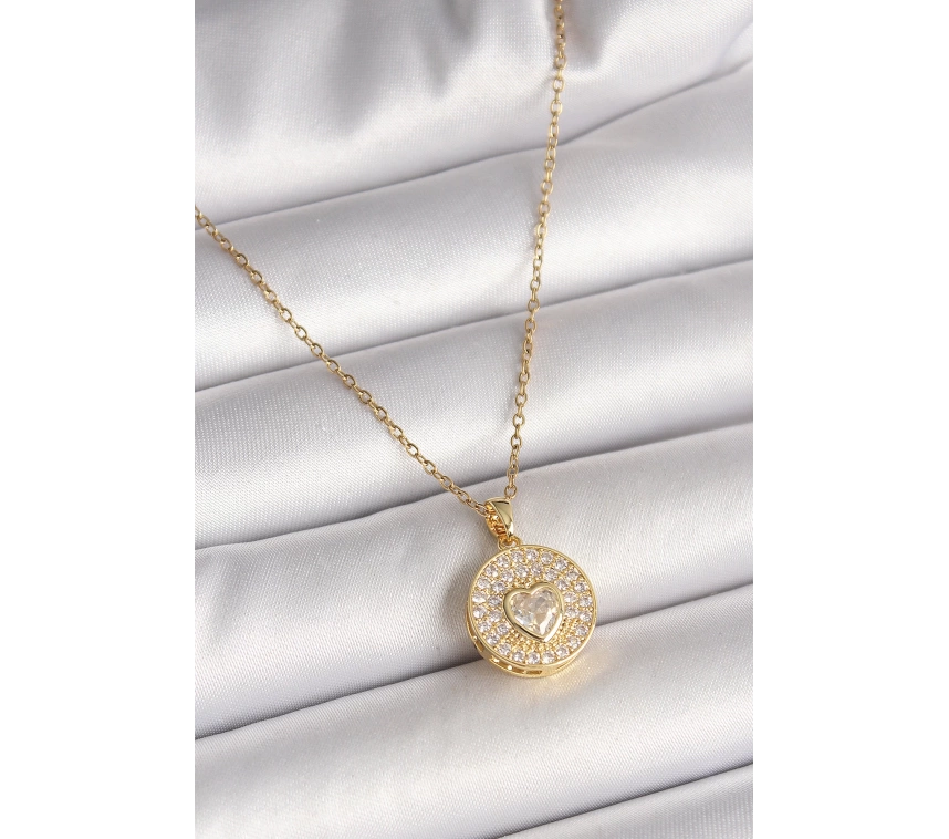 316L Çelik Gold Renk Zincir Madalyon Zirkon Taşlı Kalp Model Kadın Kolye