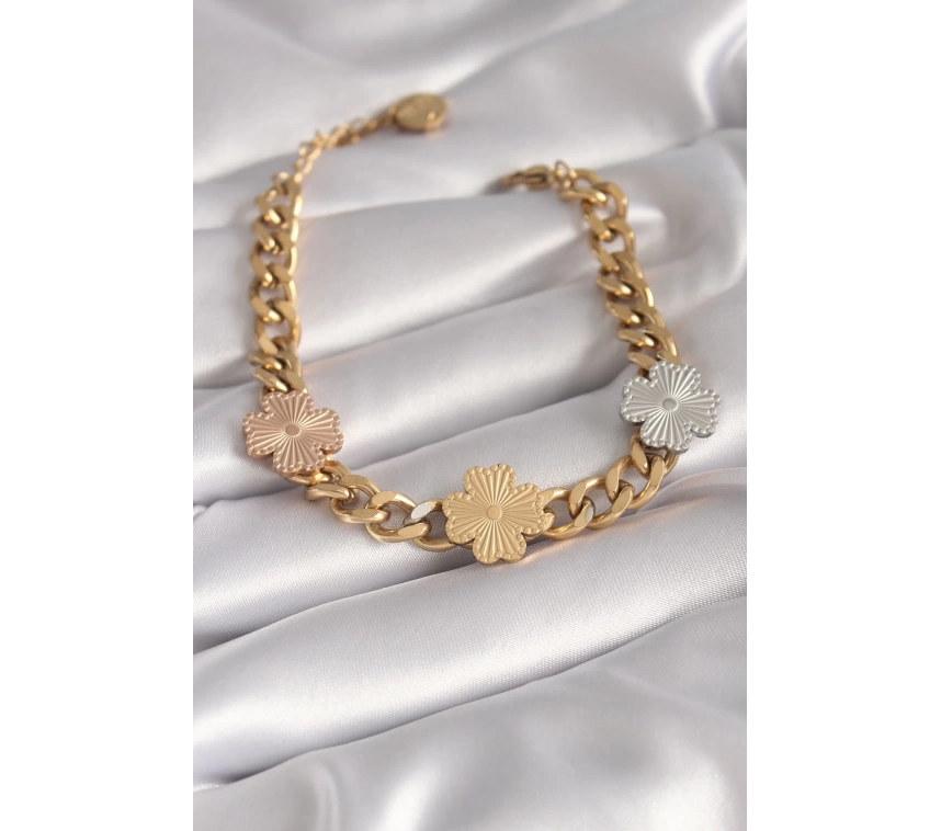 316L Çelik Gold Renk Zincir Model 3lü Renkli Çiçek Figür Kadın Bileklik