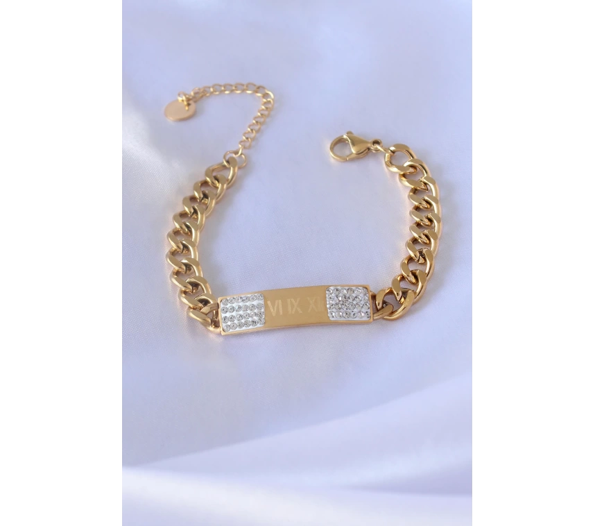 316L Çelik Gold Renk Zincir Model İşleme Detay Zirkon Taşlı Kadın Bileklik