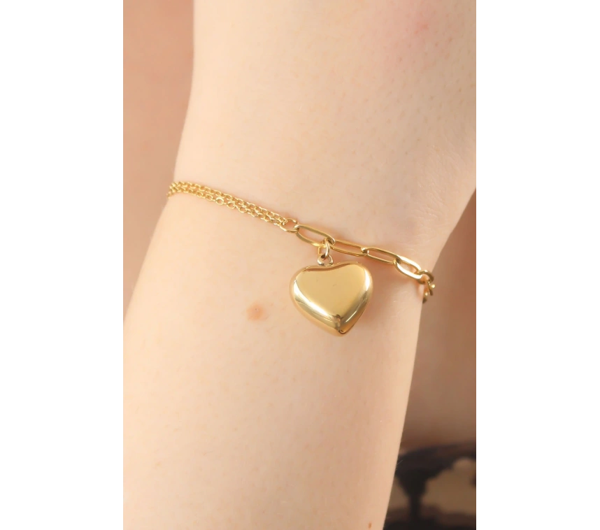 316L Çelik Gold Renk Zincir Model Kalp Figür Kadın Bileklik