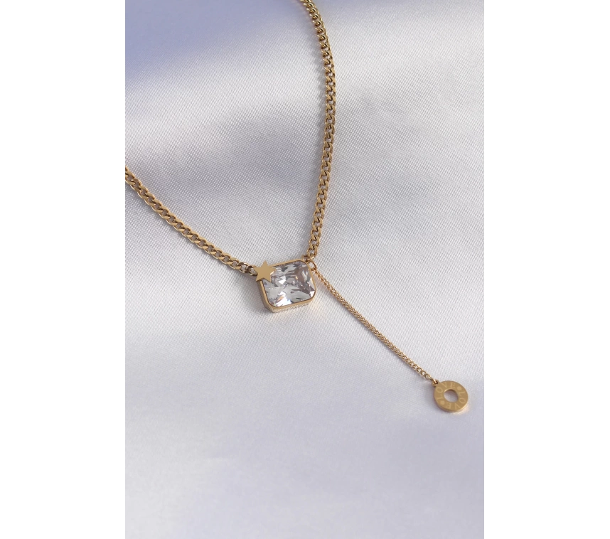316L Çelik Gold Renk Zincir Model Zirkon Taşlı Yıldız Detay Kadın Kolye