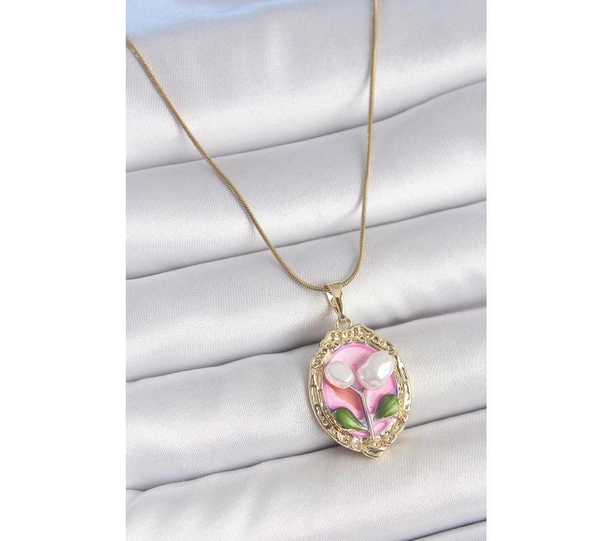 316L Çelik Gold Renk Zincir Pembe Mineli İncili Çiçek İşlemeli Portre Model Kadın Kolye