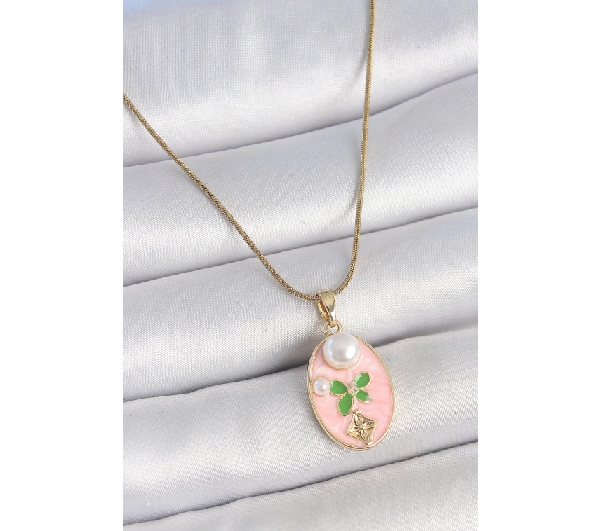 316L Çelik Gold Renk Zincir Pembe Mineli Oval İncili Çiçek İşlemeli Portre Model Kadın Kolye