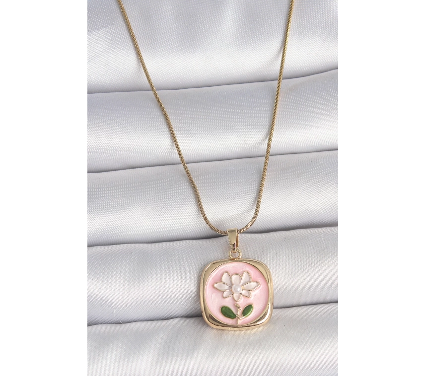 316L Çelik Gold Renk Zincir Pembe Papatya İşlemeli İnci Detay Kadın Kolye