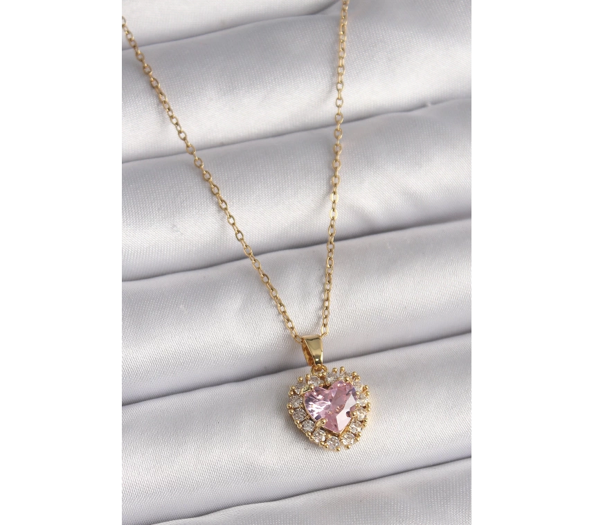316L Çelik Gold Renk Zincir Pembe Zirkon Taşlı Kalp Model Kadın Kolye