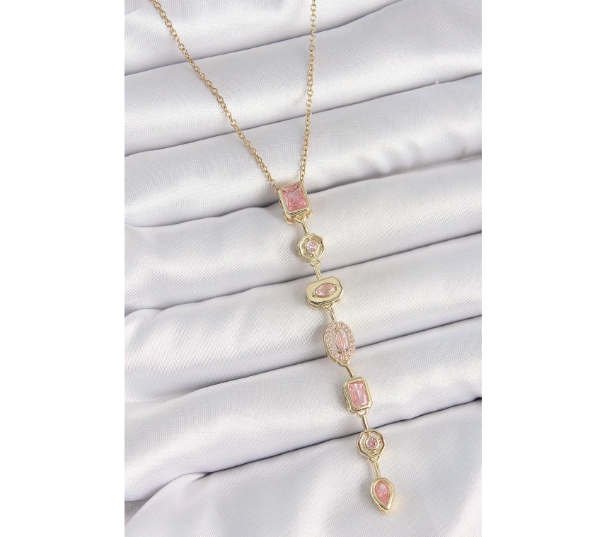 316L Çelik Gold Renk Zincir Pembe Zirkon Taşlı Y Model Dekolte Kadın Kolye