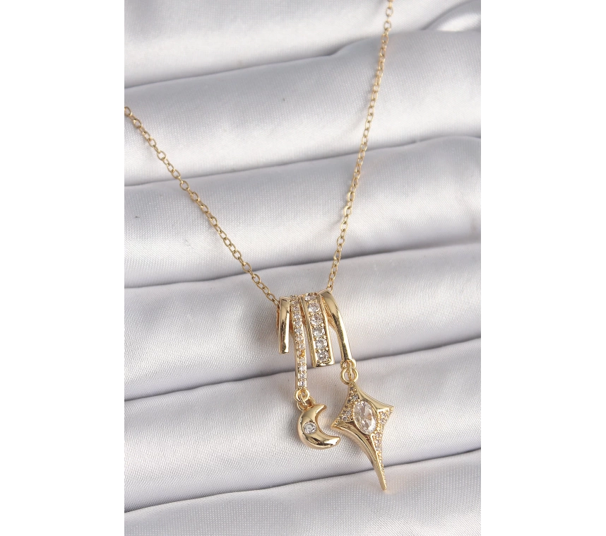 316L Çelik Gold Renk Zincir Sallantı Zirkon Taşlı Hilal Yılıdız Model Kadın Charm Kolye