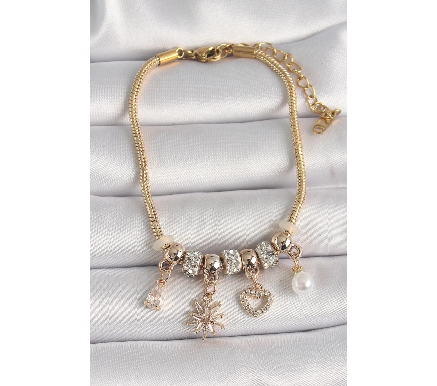 Pirinç Gold Renk Zincir Sallantı Zirkon Taşlı Kuzey Yıldız Figür Kalp Detay Kadın Bileklik