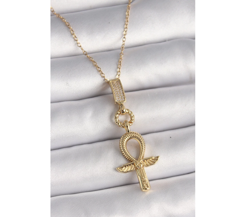316L Çelik Gold Renk Zincir Zirkon Taşlı Ankh Model Kadın Kolye