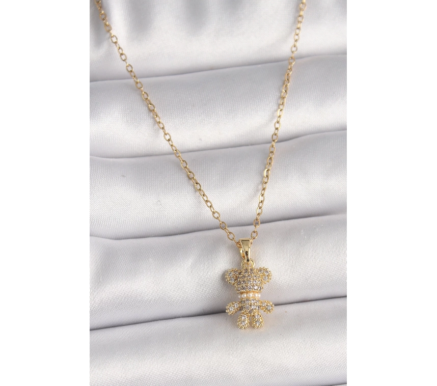 316L Çelik Gold Renk Zincir Zirkon Taşlı Ayıcık Figür Kadın Kolye