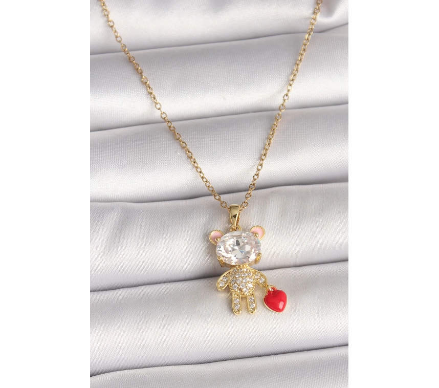 316L Çelik Gold Renk Zincir Zirkon Taşlı Ayıcık Model Kırmızı Kalp Detay Kadın Kolye