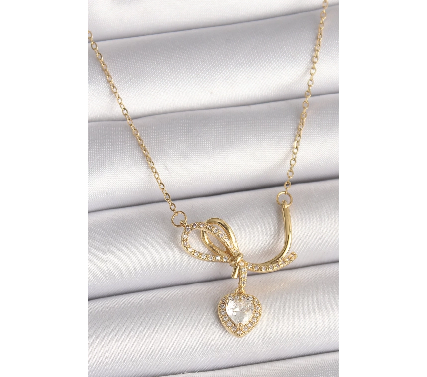 316L Çelik Gold Renk Zincir Zirkon Taşlı Düğüm Sallantı Kalp Model Kadın Kolye
