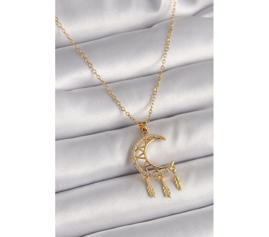 316L Çelik Gold Renk Zincir Zirkon Taşlı Hilal Model Sallantı Yaprak Detay Kadın Kolye