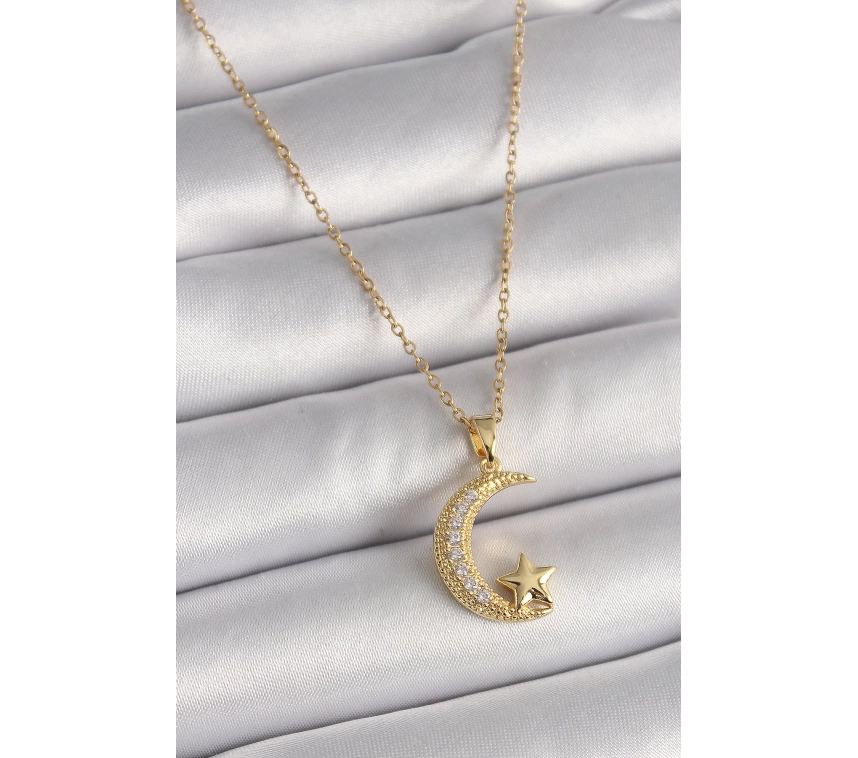 316L Çelik Gold Renk Zincir Zirkon Taşlı Hilal Model Yıldız Detay Kadın Kolye