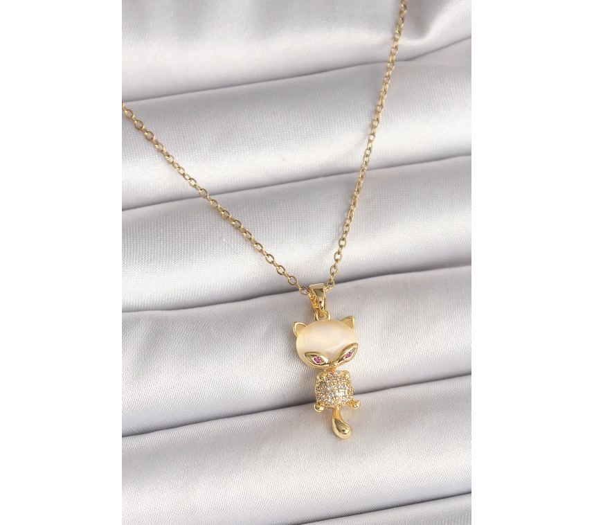 316L Çelik Gold Renk Zincir Zirkon Taşlı Kedi Model Kadın Kolye