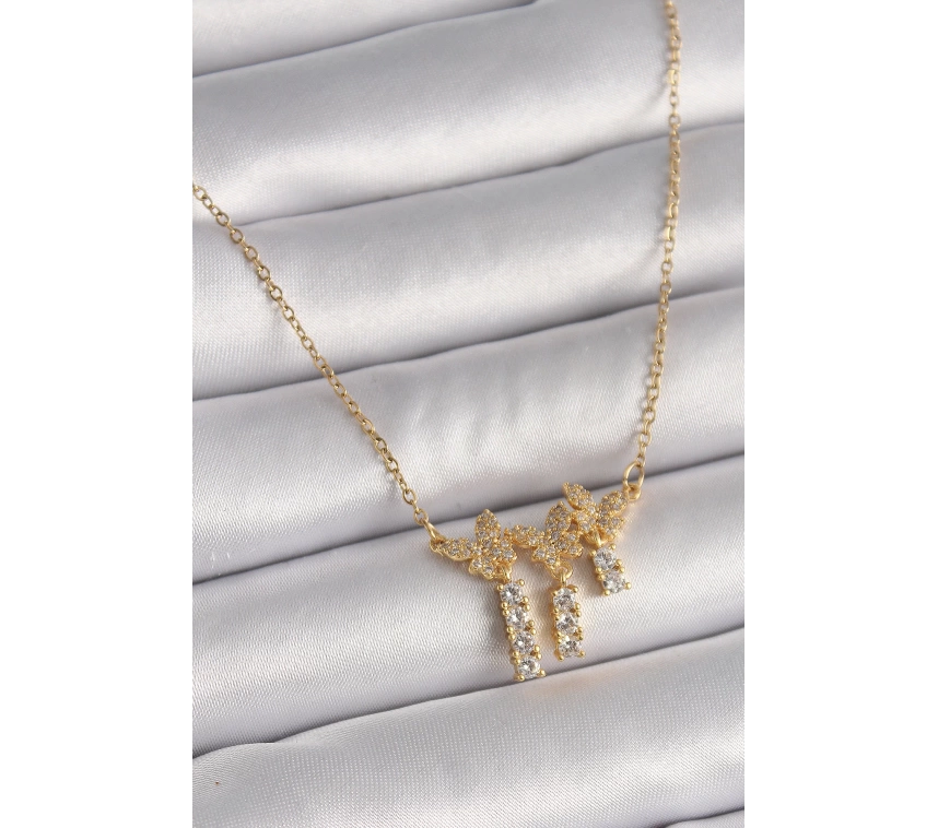 316L Çelik Gold Renk Zincir Zirkon Taşlı Kelebek Model Sallantı Detay Kadın Kolye