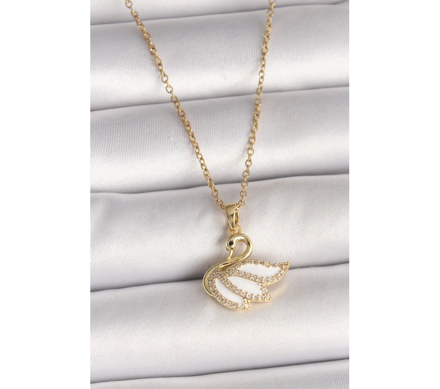 316L Çelik Gold Renk Zincir Zirkon Taşlı Kuğu Model Kadın Kolye