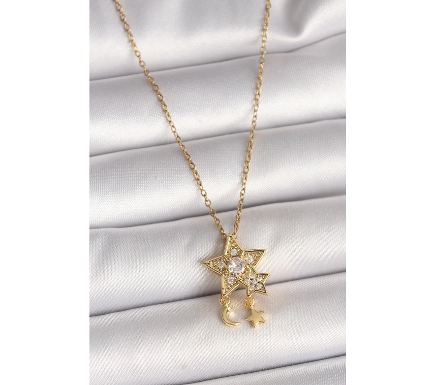 316L Çelik Gold Renk Zincir Zirkon Taşlı Yıldız Model Sallanı Ay Yıldız Detay Kadın Kolye