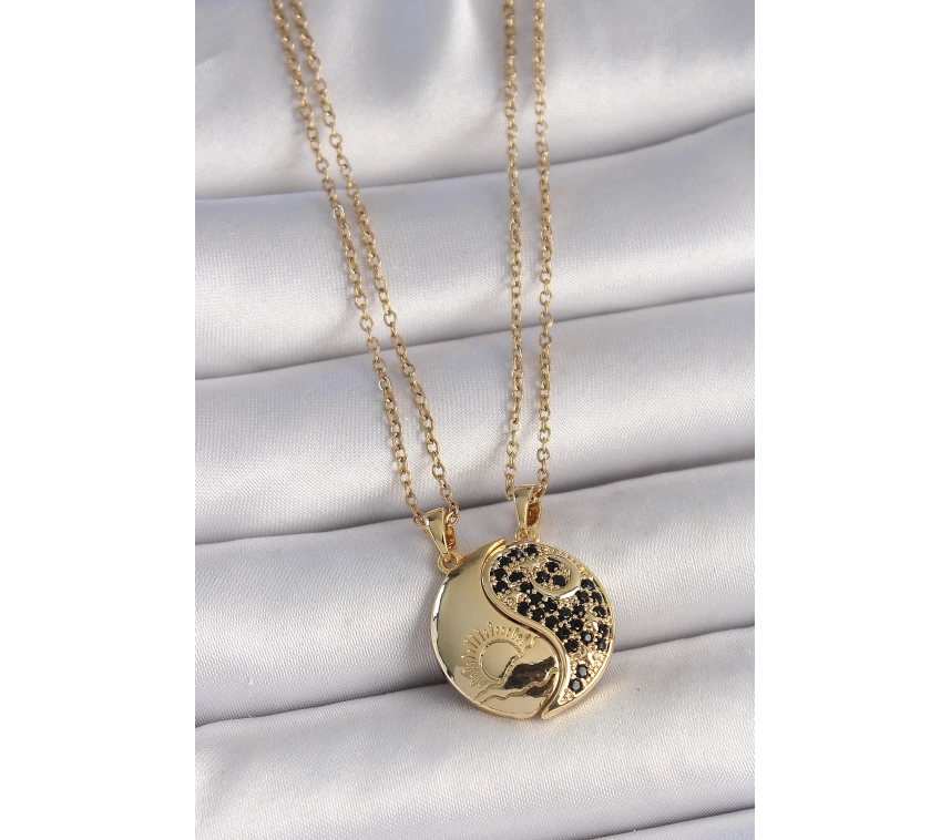 316L Çelik Gold Renk Zincir Zirkon Taşlı Ying Yang Model Gün Batımı İşlemeli Arkadaşlık Kadın Kolye