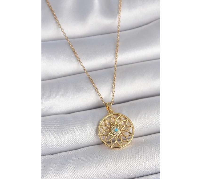 316L Çelik Gold Renk Zincr Mavi Taşlı Lotus Model Kadın Kolye