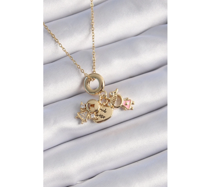 316L Çelik Gold Renk Zirkon Taş Detay Çocuk Figür Charm Model Kadın Kolye