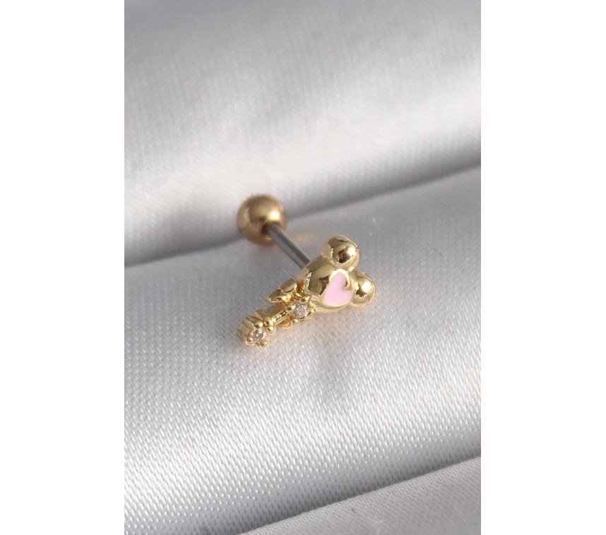 316L Çelik Gold Renk Zirkon Taş Detay Pembe Kalp İşleme Tragus Piercing