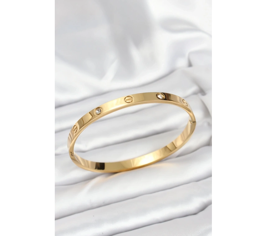 316L Çelik Gold Renk Zirkon Taşlı 65 mm Kadın Kelepçe Bileklik
