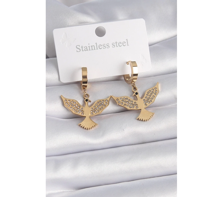 316L Çelik Gold Renk Zirkon Taşlı Anka Kuşu Model Kadın Küpe