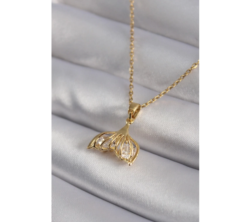 316L Çelik Gold Renk Zirkon Taşlı Balık Kuyruğu Model Kadın Kolye