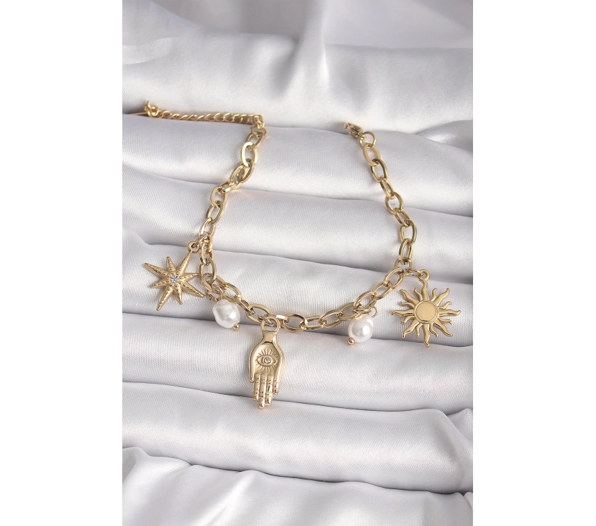 316L Çelik Gold Renk Zirkon Taşlı Fatma Ana El Figür Güneş Detay Kadın Bileklik
