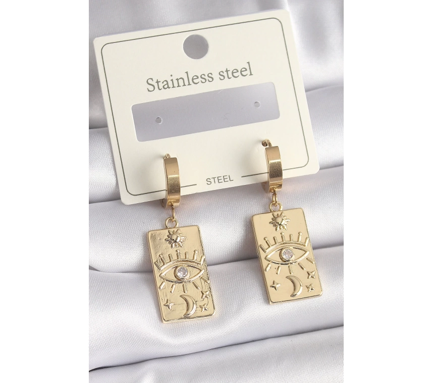 316L Çelik Gold Renk Zirkon Taşlı Göz İşleme Detay Plaka Model Kadın Küpe