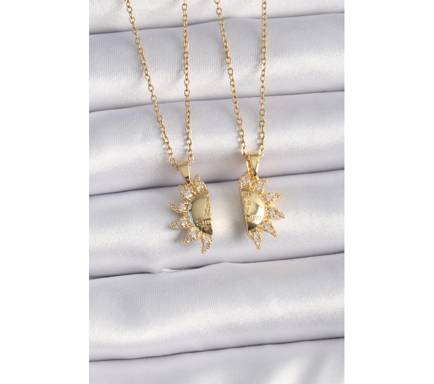 316L Çelik Gold Renk Zirkon Taşlı Güneş Model İşleme Yazı Detay Arkadaş Kolyesi