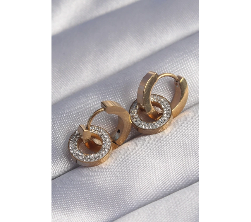 316L Çelik Gold Renk Zirkon Taşlı İç İçe Geçmeli Oval Küpe