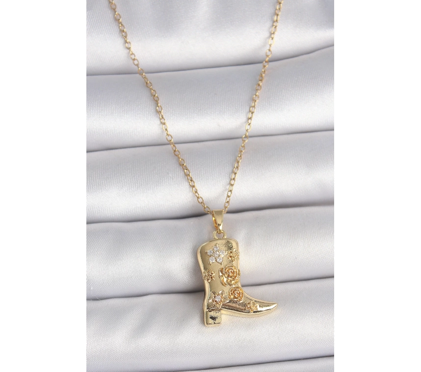 316L Çelik Gold Renk Zirkon Taşlı İşleme Detaylı Çizme Model Kadın Kolye