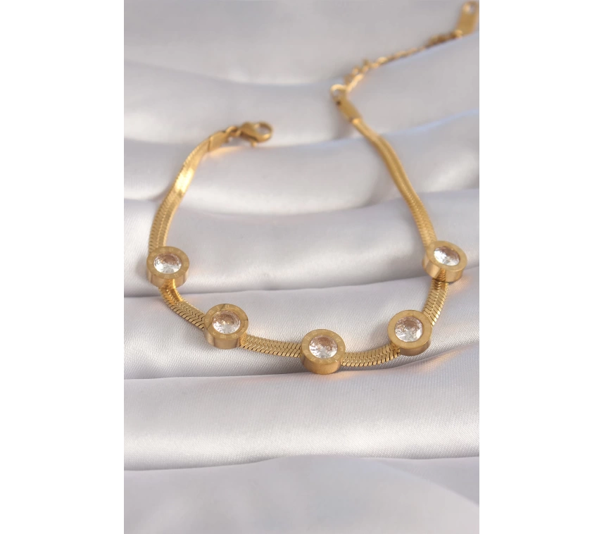 316L Çelik Gold Renk Zirkon Taşlı İtalyan Zincir Model Kadın Bileklik
