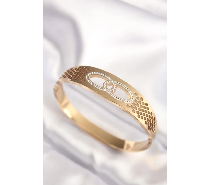 316L Çelik Gold Renk Zirkon Taşlı Kadın Kelepçe Bilezik