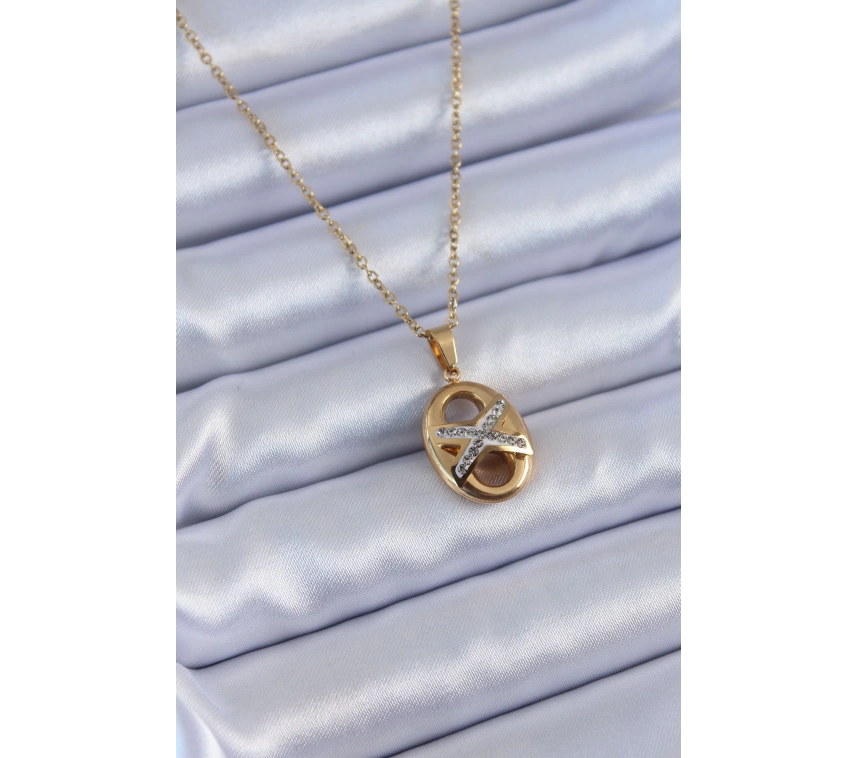 316L Çelik Gold Renk Zirkon Taşlı Kadın Kolye