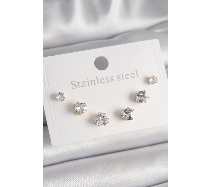 316L Çelik Gold Renk Zirkon Taşlı Kalp Model Kadın Küpe Seti