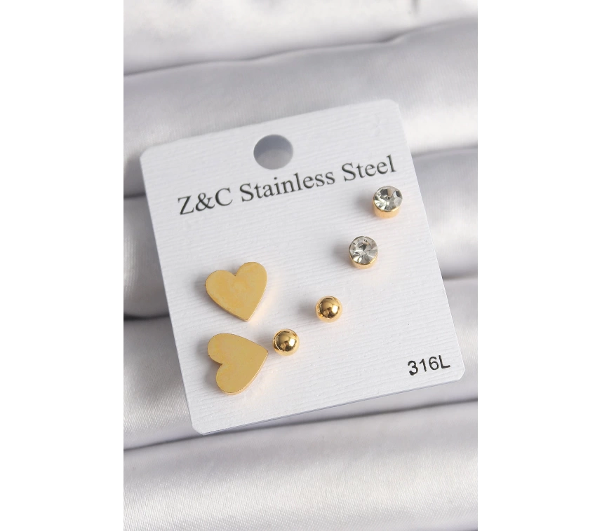 316L Çelik Gold Renk Zirkon Taşlı Kalpli Kadın Küpe Seti