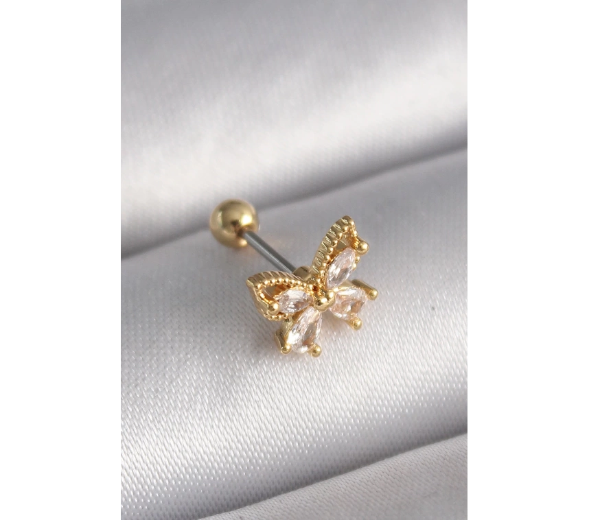 316L Çelik Gold Renk Zirkon Taşlı Kelebek Tragus Piercing