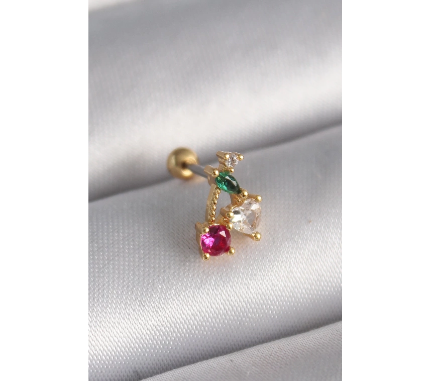 316L Çelik Gold Renk Zirkon Taşlı Kiraz Tragus Piercing