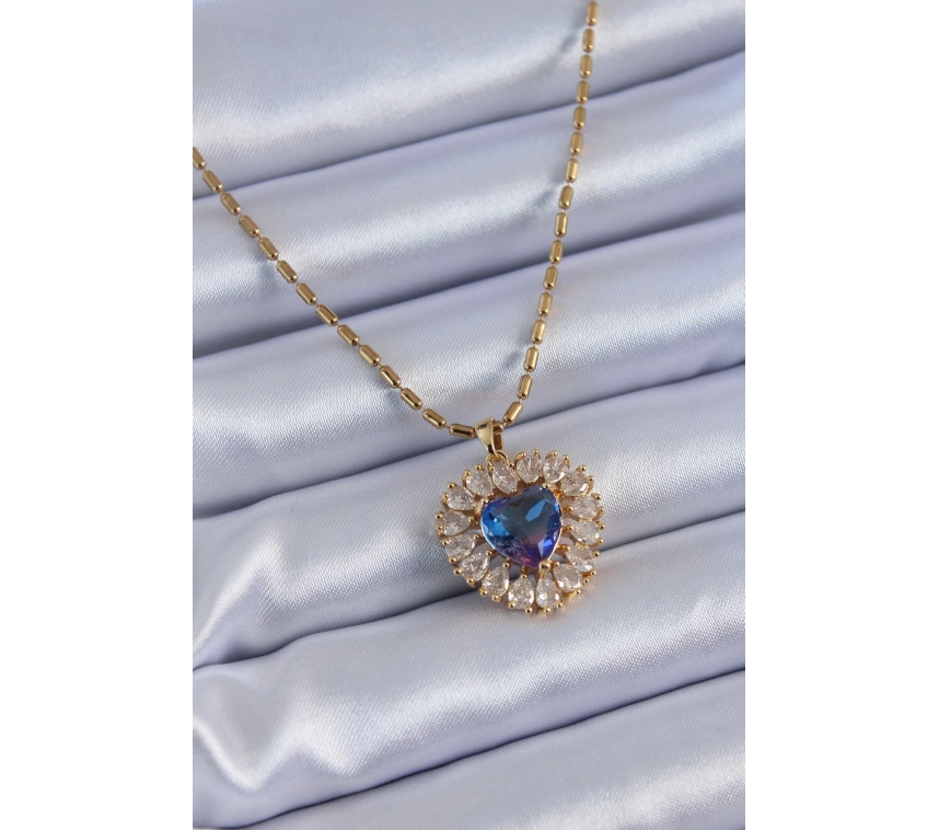 316L Çelik Gold Renk Zirkon Taşlı Kristal Mor Kalp Model Kadın Kolye