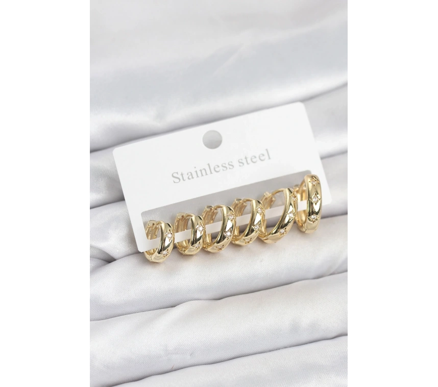 316L Çelik Gold Renk Zirkon Taşlı Kutup Yıldızı Model Halka Küpe Seti