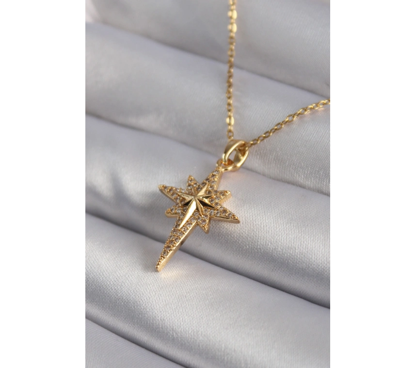 316L Çelik Gold Renk Zirkon Taşlı Kutup Yıldızı Model Kadın Kolye