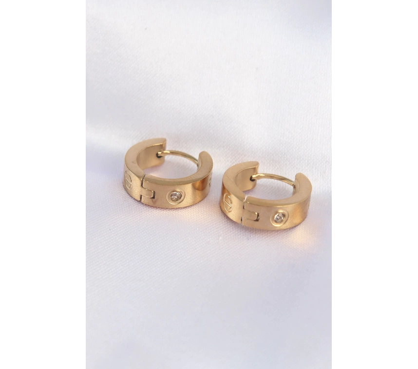 316L Çelik Gold Renk Zirkon Taşlı Minimal Model Halka Küpe