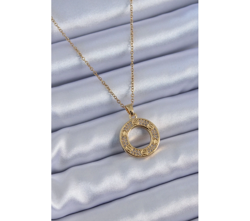 316L Çelik Gold Renk Zirkon Taşlı Model Kadın Kolye