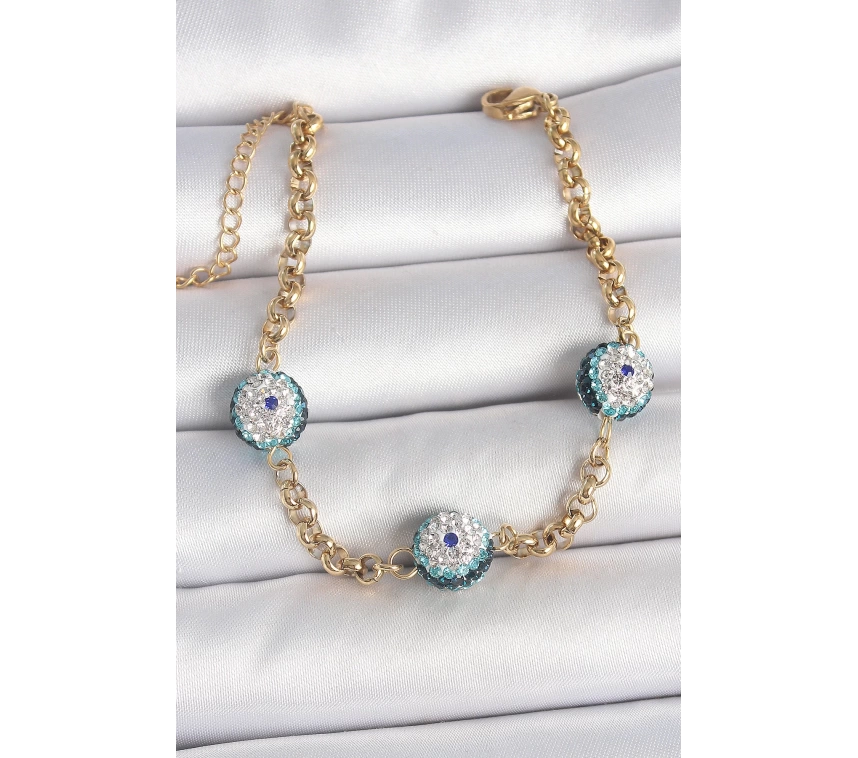 316L Çelik Gold Renk Zirkon Taşlı Nazar Boncuk Model Kadı Bileklik