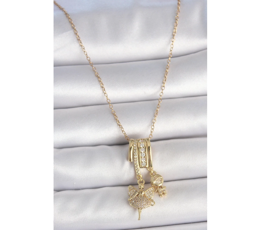 316L Çelik Gold Renk Zirkon Taşlı Sallantı Melek Figür Charm Kadın Kolye