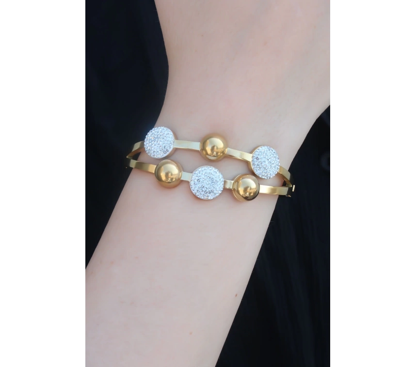 316L Çelik Gold Renk Zirkon Taşlı Top Model Kadın Kelepçe