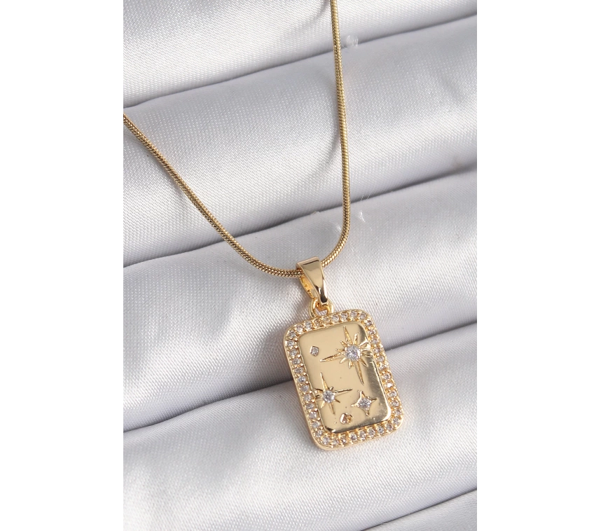 316L Çelik Gold Renk Zirkon Taşlı Yıldız İşleme Madalyon Kadın Kolye